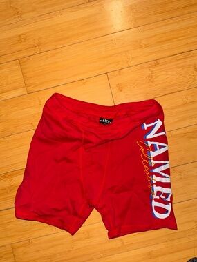 NAMED Collective Leisure Club Cherry Red Athletic Shorts + Side Script (Size M)